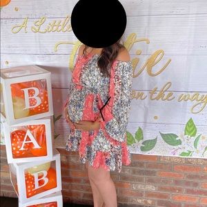 Maternity off the shoulder pink blush floral printed dress